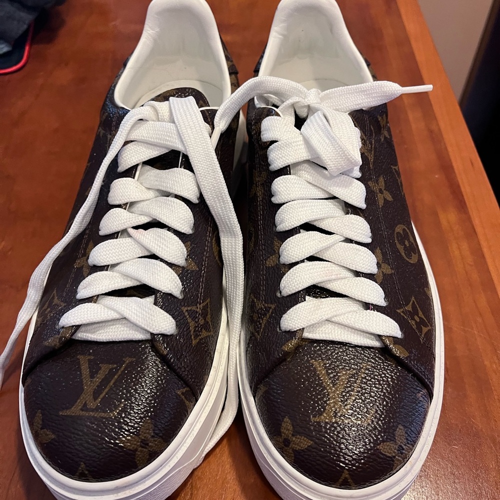 Louis Vuitton Brown and White Sneakers with Iconic Monogram